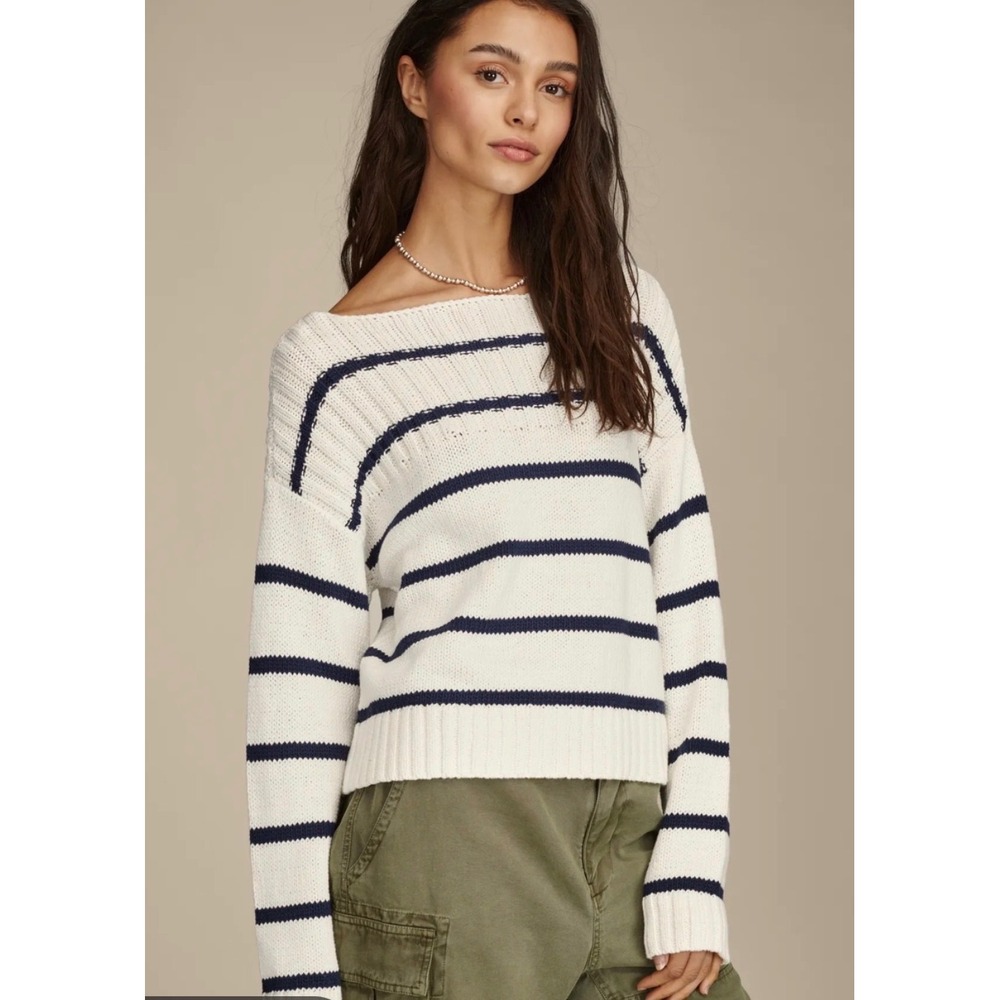 Womens Lucky Brand Striped Cotton Crop Pullover Sweater white blue stripe size S